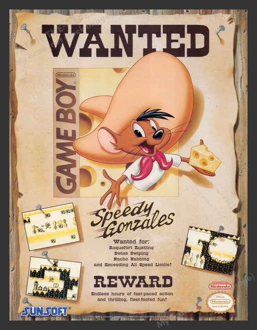 1993 Speedy Gonzales Wanted Reward Game Boy Video Game Print Advertisement