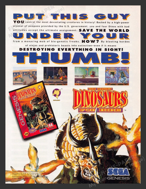1993 Tom Mason's Dinosaurs For Hire Video Game Print Advertisement