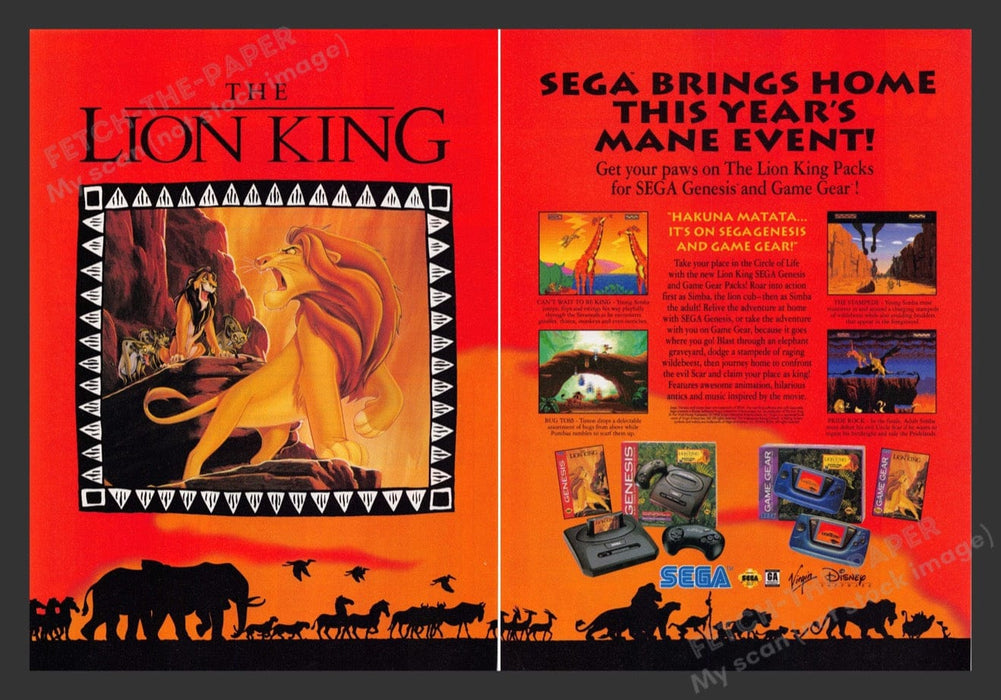 1994 The Lion King Sunset Video Game Print Advertisement (2 Pages)
