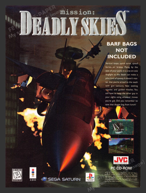 1995 Deadly Skies "Barf bags not included" Video Game Print Advertisement