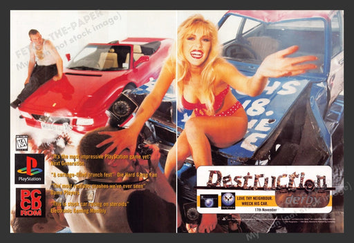1995 Destruction Derby Girl on Car Video Game Print Advertisement (2 Pgs)