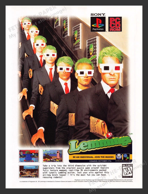 1995 Lemmings 3 Dimensional Guys Glasses Video Game Print Advertisement