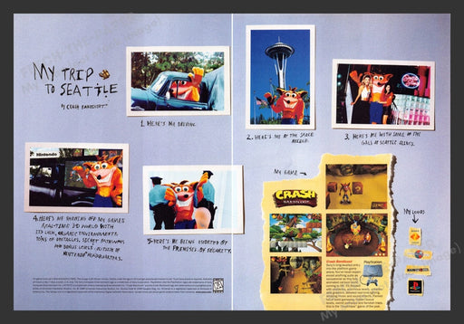 1996 Crash Bandicoot "My Trip to Seattle" Video Game Print Advertisement (2 Pgs)