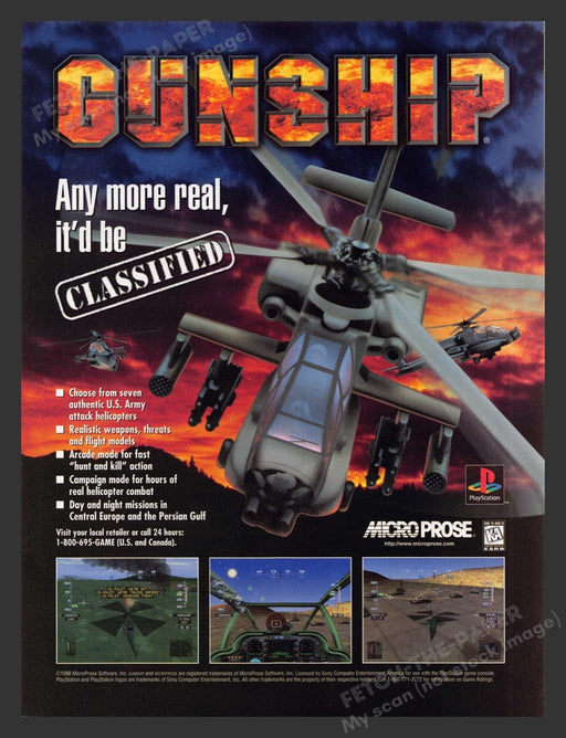 1996 Gunship "Any more real, it'd be classified" Video Game Print Advertisement