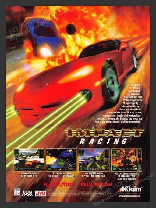 1996 Impact Racing Crash Fire Video Game Print Advertisement