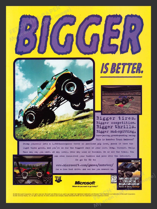 1996 Monster Truck Madness: Down & Dirty Racing Video Game Print Advertisement