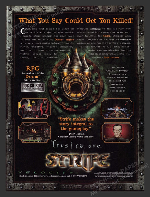 1996 Strife "Trust no one" Video Game Print Advertisement