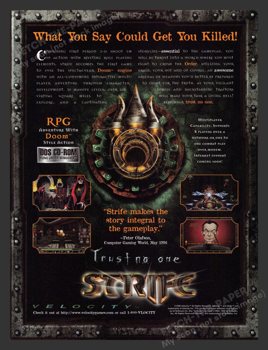 1996 Strife "Trust no one" Video Game Print Advertisement