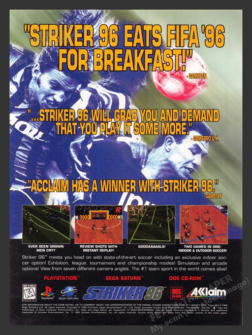 1996 Striker 96 Soccer FIFA Video Game Print Advertisement