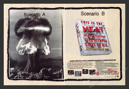 1997 Heat.net Atomic Bomb Scenerios Video Game Print Advertisement (2 Pgs)