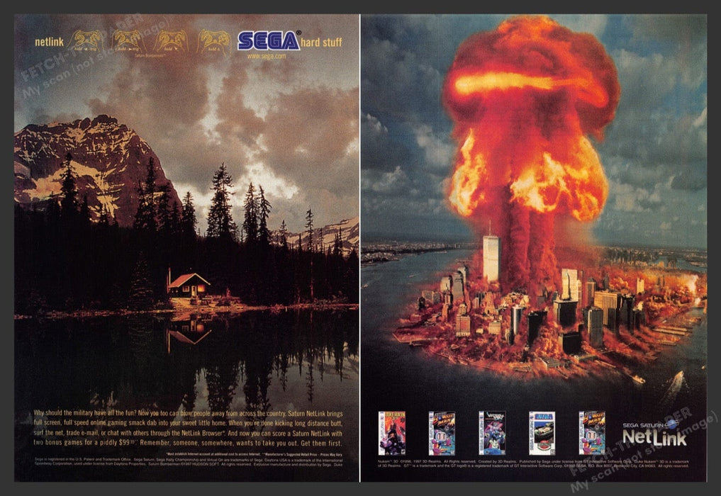 1997 Sega Blowing Up Manhattan N.Y. Video Game Print Advertisement (2 Pages)