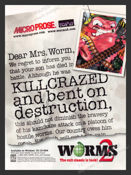 1997 Worms 2 "Cult classic is back!" Video Game Print Advertisement