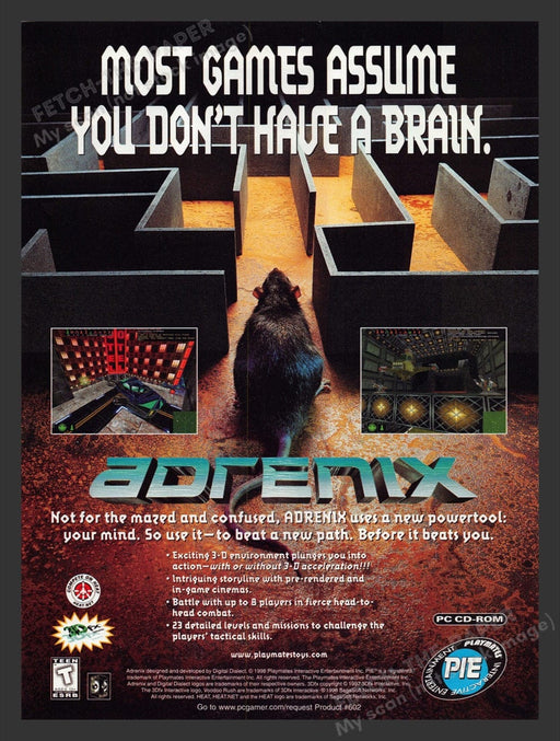 1998 Adrenix "Not for the mazed and confused" Video Game Print Advertisement Fetch the Paper!