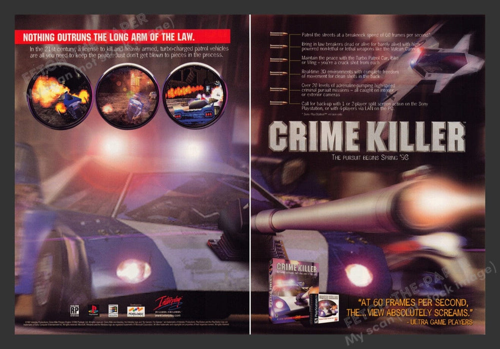 1998 Crime Killer 60 fps Video Game Print Advertisement (2 Pages)