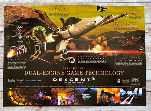 1998 Descent 3 Fold Out 10.5" x 15" Video Game Poster Fetch the Paper!