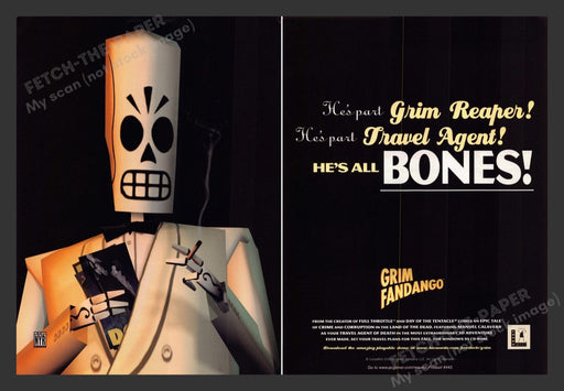 1998 Grim Fandango Bones! Video Game Print Advertisement (2 Pages)