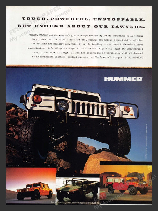 1998 Hummer SUV Tough. Powerful. Unstoppable. Print Advertisement Ad Fetch the Paper!