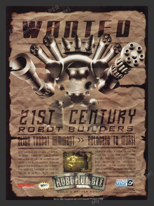 1998 Robo Rumble Wanted 21st Century Builders Video Game Print Ad Fetch the Paper!