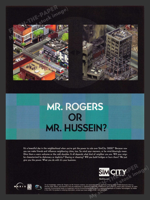 1998 Sim City 3000 "Mr. Rogers or Mr. Hussein?" Video Game Print Advertisement