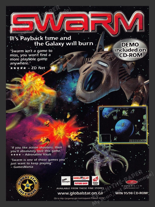 1998 Swarm "It's payback time and the Galaxy will burn" Video Game Print Ad Fetch the Paper!