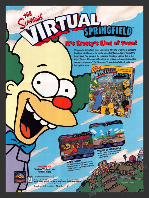 1998 The Simpsons Virtual Springfield Krusty Video Game Print Advertisement Fetch the Paper!