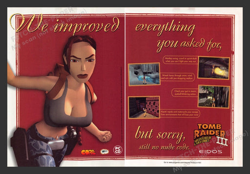 1998 Tomb Raider III Sorry No Nude Code Video Game Print Advertisement (2 Pages)