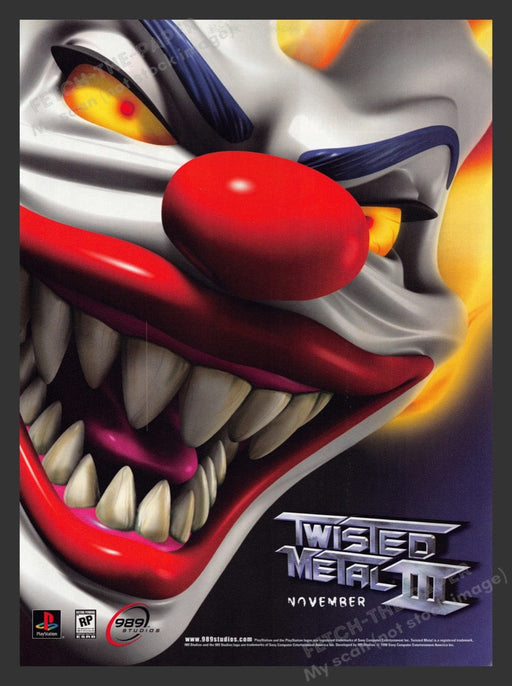 1998 Twisted Metal III Clown Face Video Game Print Advertisement