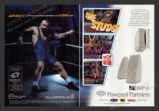 1999 Advent Speakers WCW Nitro Video Game Print Advertisement (2 pgs) Fetch the Paper!