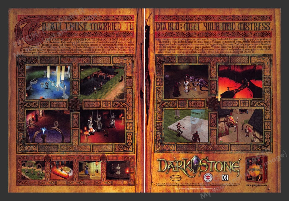 1999 Darkstone Diablo's New Mistress Video Game Print Ad (2 pgs) Fetch the Paper!