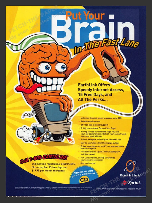 1999 Earthlink "Put your braind in the fast lane" Video Game Print Advertisement Fetch the Paper!