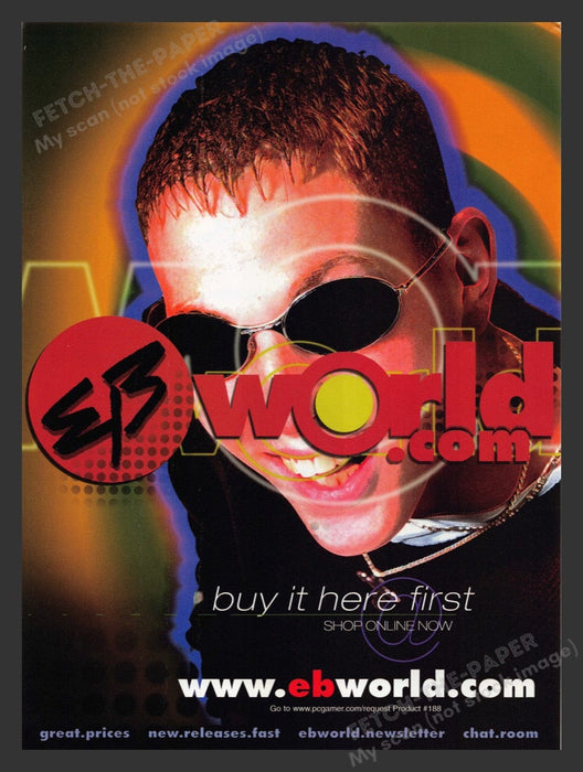 1999 EB World 1990s Guy in Sunglasses Video Game Print Advertisement Fetch the Paper!