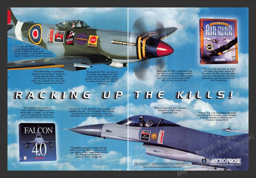 1999 European Air War & Falcon 4.0 Planes Game Print Advertisement (2 pgs) Fetch the Paper!