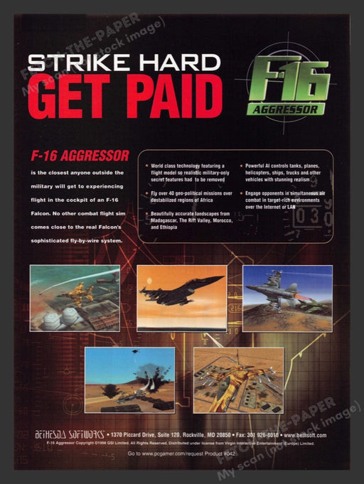 1999 F-16 Aggressor "Strike Hard Get Paid" Video Game Print Advertisement