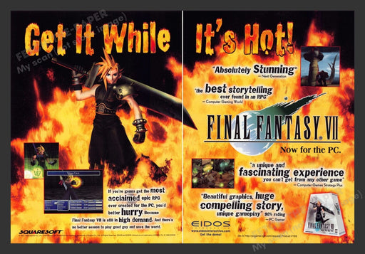 1999 Final Fantasy VII "It's HOT!" Video Game Print Advertisement (2 pgs) Fetch the Paper!
