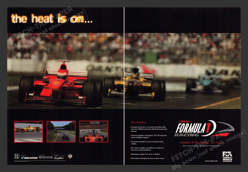 1999 Formula 1 Racing "The heat is on..." Video Game Print Advertisement (2 pgs) Fetch the Paper!