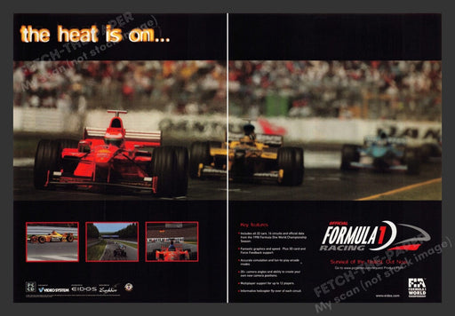 1999 Formula 1 Racing "The heat is on..." Video Game Print Advertisement (2 pgs) Fetch the Paper!