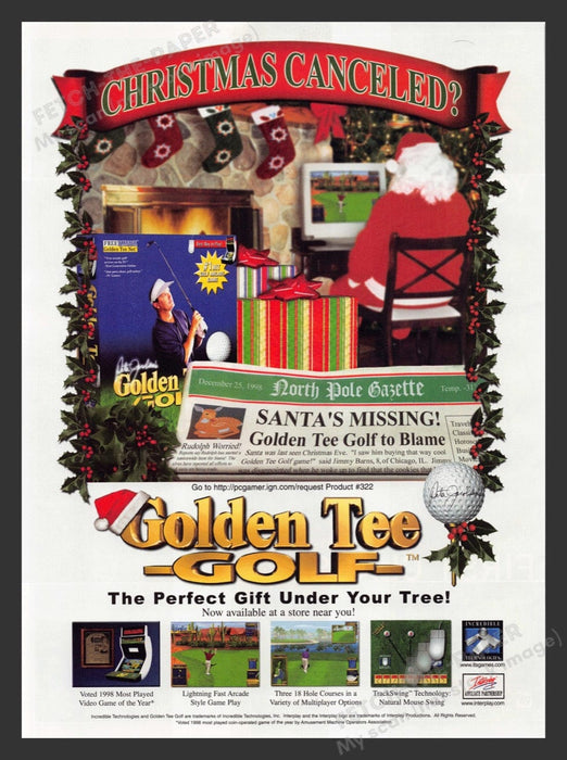 1999 Golden Tee Golf "Christmas Canceled?" Video Game Print Advertisement Fetch the Paper!