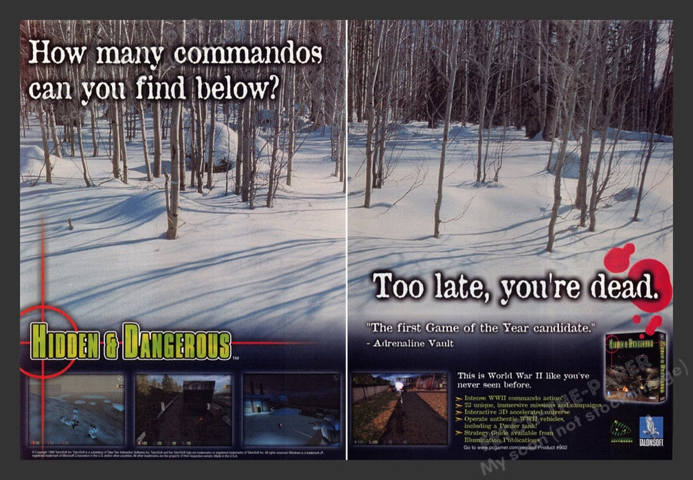 1999 Hidden & Dangerous Video Game Print Ad (2 pgs) Fetch the Paper!