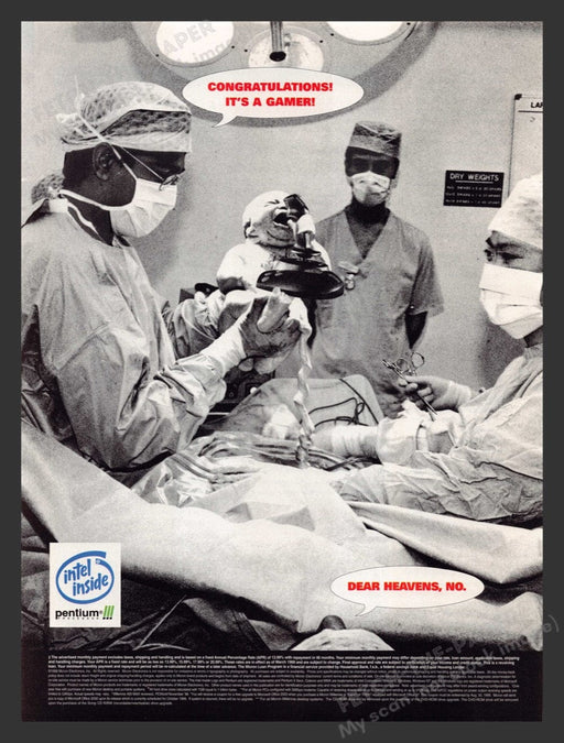 1999 Intel Pentium III "Congratulations it's a gamer!" Video Game Print Ad Fetch the Paper!