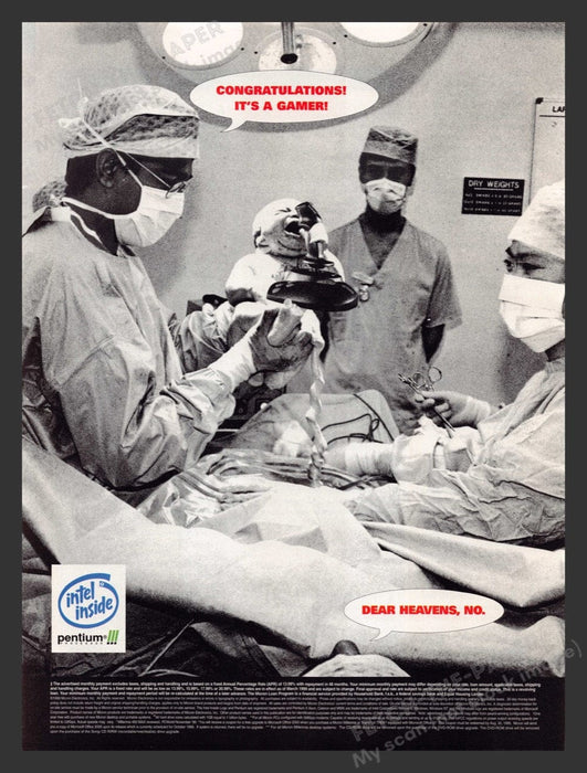 1999 Intel Pentium III "Congratulations it's a gamer!" Video Game Print Ad Fetch the Paper!