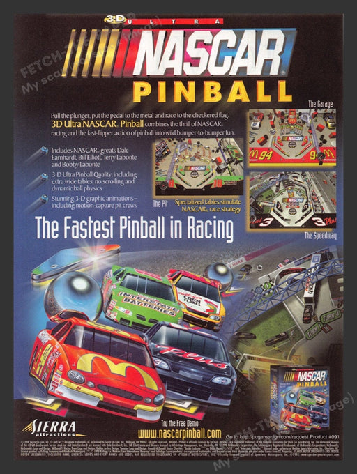 1999 Nascar Pinball Video Game Print Advertisement Fetch the Paper!