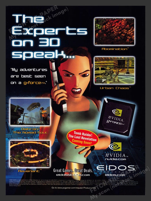 1999 nVidia g Force Lara Croft Tomb Raider Video Game Print Advertisement Fetch the Paper!