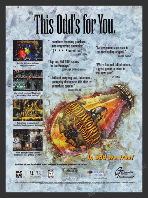 1999 Oddworld: Abe's Exoddus "This Odd's for You" Video Game Print Advertisement