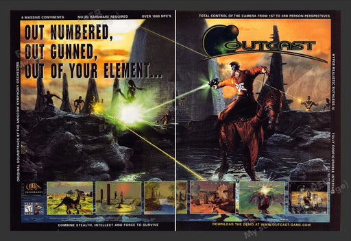 1999 Outcast "Out numbered, gunned..." Video Game Print Advertisement 2pgs
