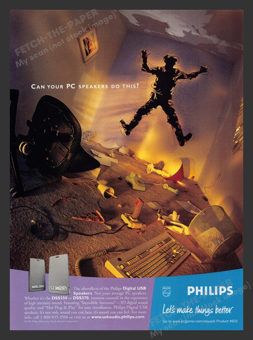 1999 Philips DSS350, DSS370 "Can your PC speakers do this?" Video Game Print Ad Fetch the Paper!