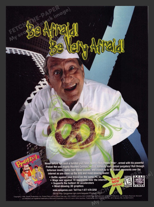 1999 Pretzel Pete "Be Afraid!" Video Game Print Advertisement Fetch the Paper!