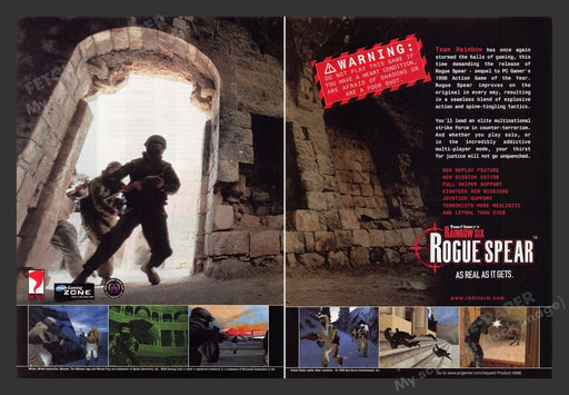 1999 Rainbow Six: Rogue Spear Warning Video Game Print Ad (2 pgs) Fetch the Paper!