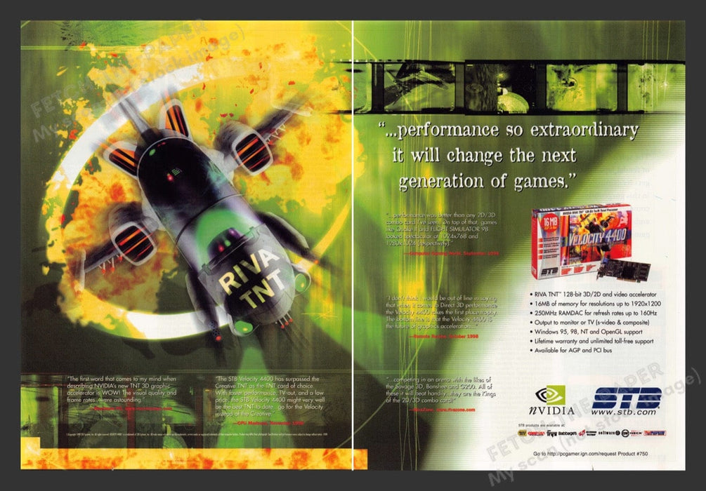 1999 RIVA TNT Velocity 4400 Video Game Print Advertisement 2pgs Fetch the Paper!