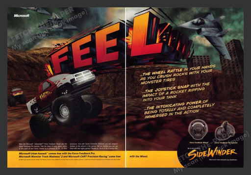 1999 SideWinder Force Feedback Wheel Video Game Print Advertisement (2 pgs) Fetch the Paper!