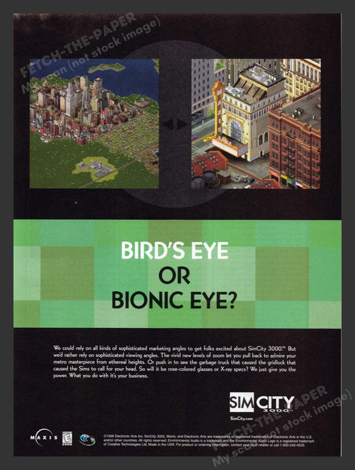 1999 Sim City 3000 "Bird's Eye or Bionic Eye?" Video Game Print Advertisement